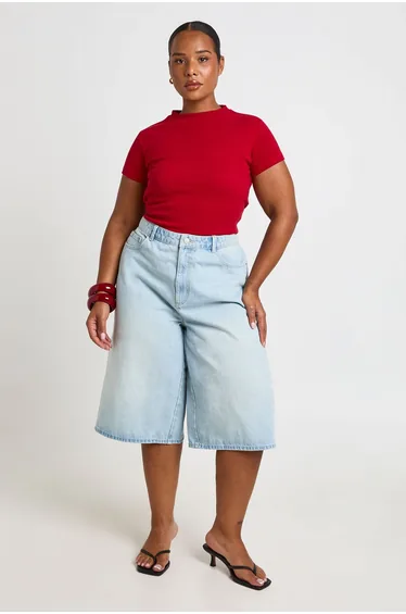 Plus Mid Rise Longline Denim Shorts - bleach wash