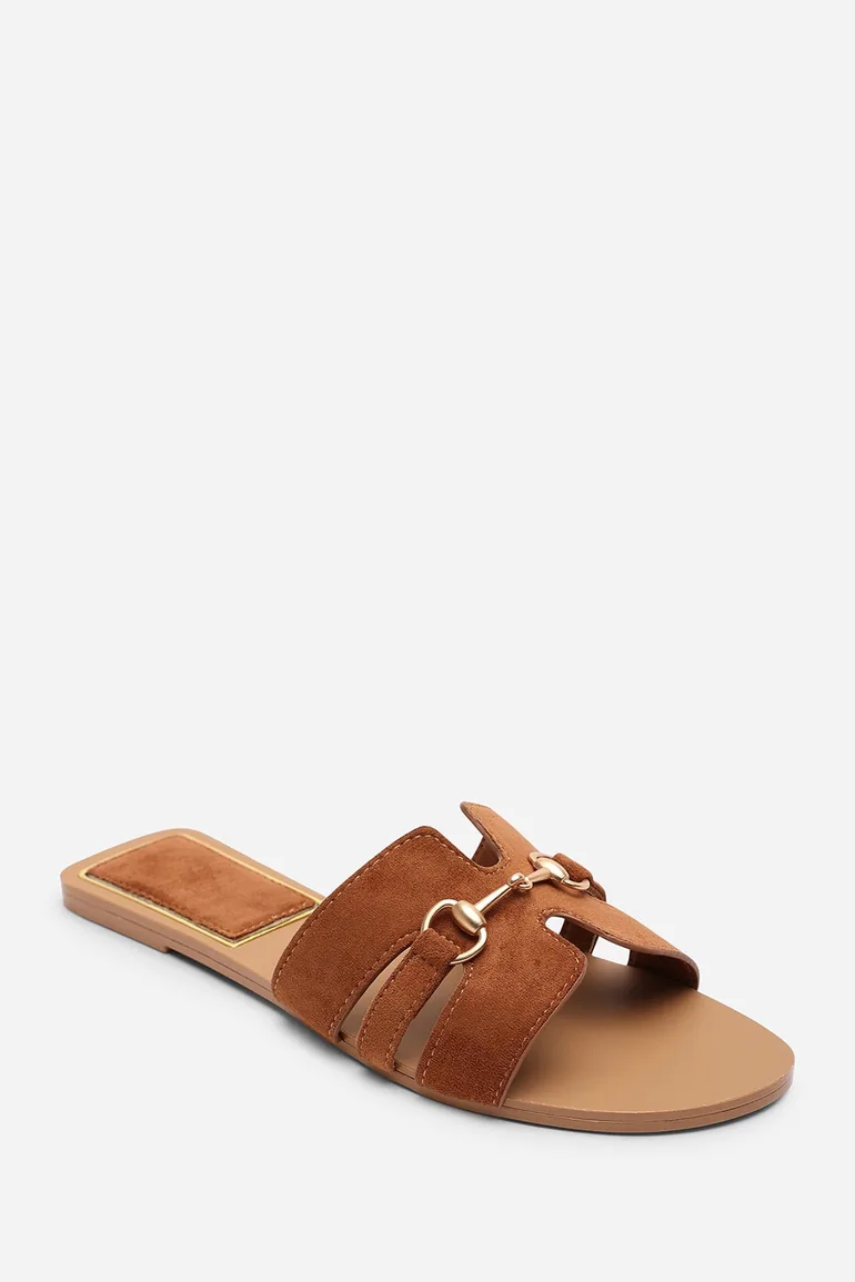 Dorina Embellished Wide Fit Tan Suede Slide On Sandals - 3