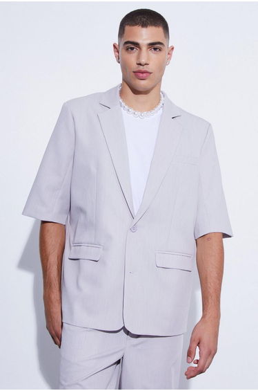 Short Sleeve Oversized Single Breasted Suit Jacket - light grey