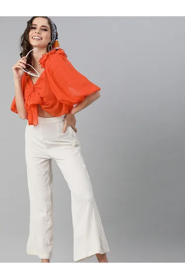 بلوزة نسائي قصيرة بقماش شاشي بكشكش - برتقالي