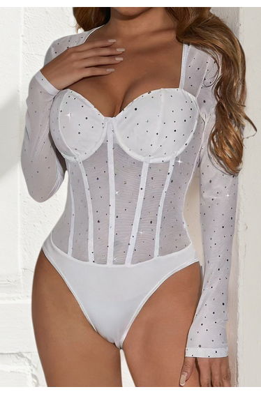 Starlit Sequins Long Sleeve Mesh Bodysuit in White for Honeymoons & Cocktail Hours