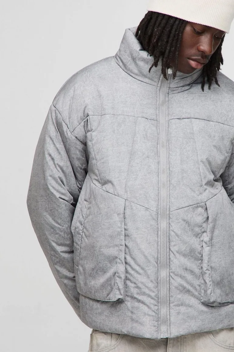 جاكيت منفوخ مبطن بتصميم واسع عريض بياقة عالية - رمادي - 2