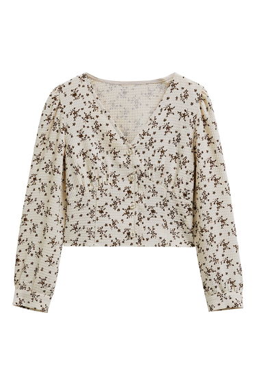 Floret Texture Button Up Crop Top in Oatmeal
