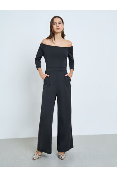 Black Off Shoulder Wide Leg Jumpsuit