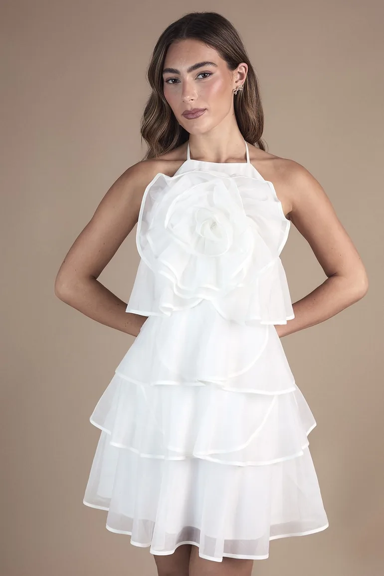 Corsage Trim Layered Halter Neck bridal Mini Dress - 1