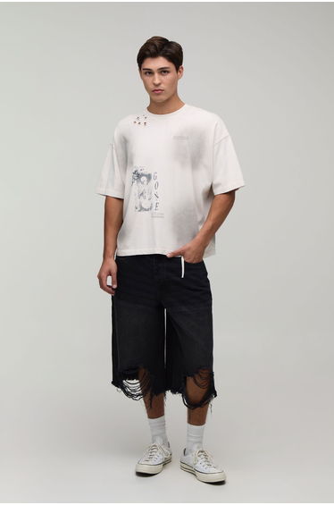 Regular Fit Ripped Long Line Jorts - black