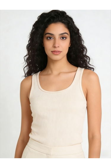 Beige Solid Scoop Neck Tank Top