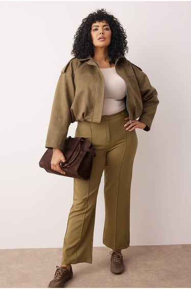 Khaki Straight Cut High Waist Ribbed Woven Trousers