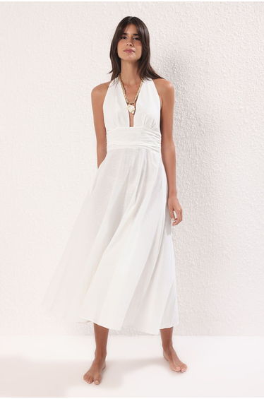 White Woven Midi Halter Neck 100% Cotton Beach Dress