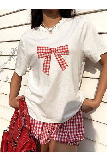 Women White T-Shirt with Gingham Bow Print