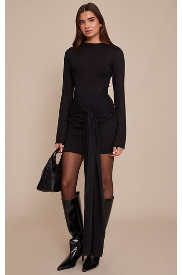 Black Textured Jersey Wrap Waist Bodycon Dress