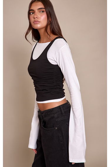 Black Cotton Overlay Detail Long Sleeve Top