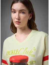 Yellow Printed V Neck Oversized T-Shirt - 1