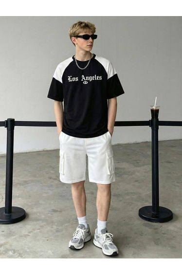 Men Color Block Raglan Sleeve T-Shirt and Shorts Set