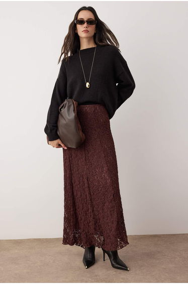 Brown Unlined Plain Knitted Hijab Skirt