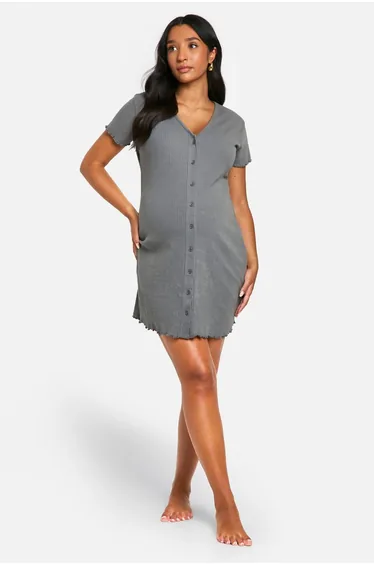 Maternity Ribbed Button Down Nightie - charcoal
