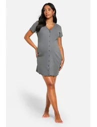 Maternity Ribbed Button Down Nightie - charcoal