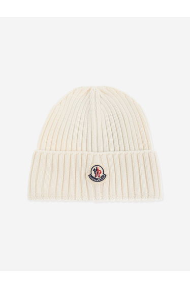 Moncler Enfant Girls Wool Knit Beanie Hat in Ivory