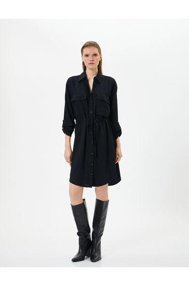 Pocket Detail Button Detail Drawstring Mini Dress