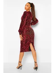 Tall Sequin Balloon Sleeve Plunge Midi Dress - red - 1