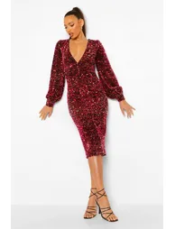 Tall Sequin Balloon Sleeve Plunge Midi Dress - red