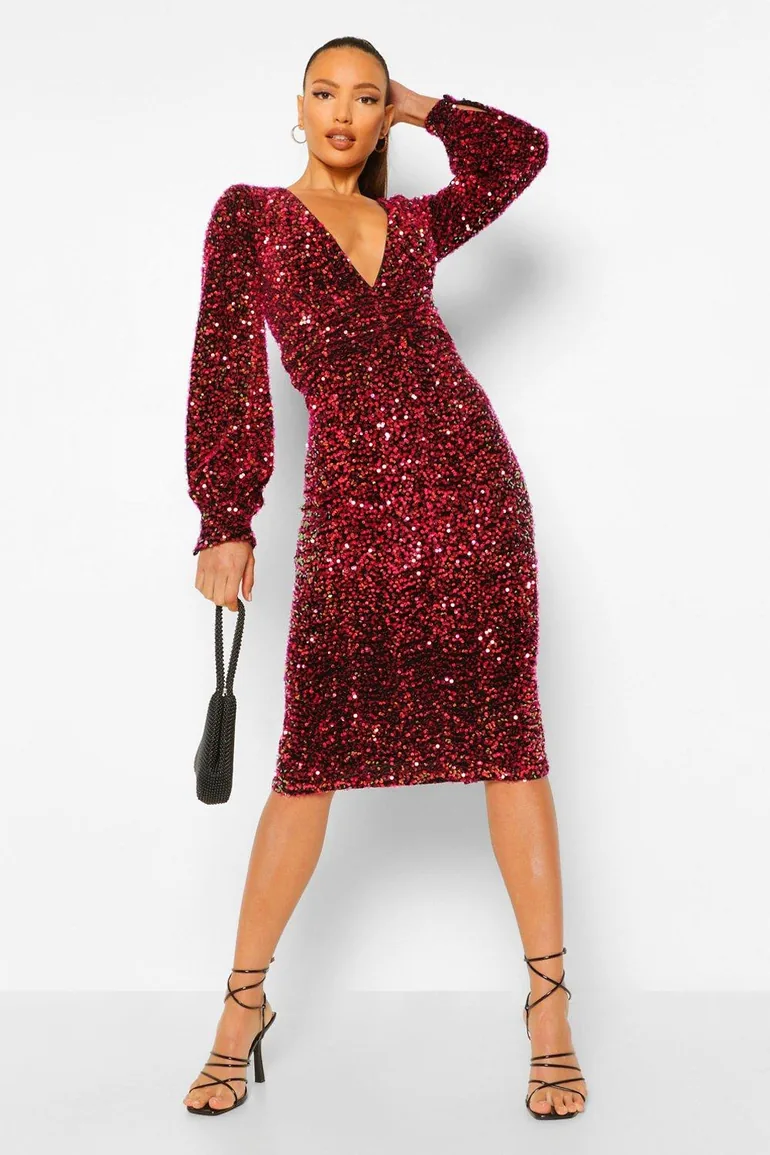 Tall Sequin Balloon Sleeve Plunge Midi Dress - red - 2
