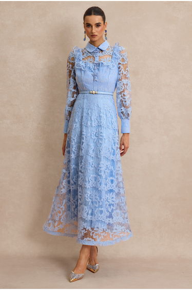 Lace Pearl Ruffle Midi Dress With Belt