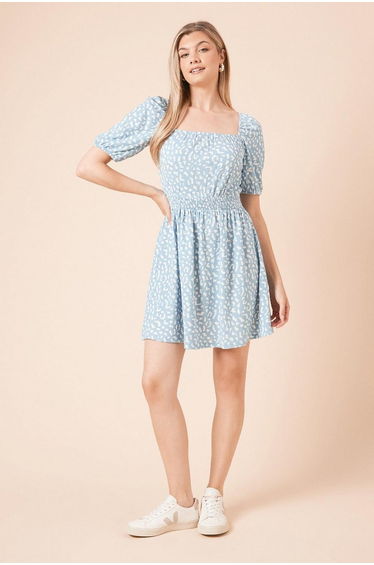 Leopard Puff Sleeve Ruched Bust Jersey Mini Dress