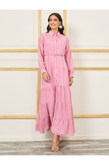 Striped Tiered Shirt Maxi Dress with Buckle Self Tie Up