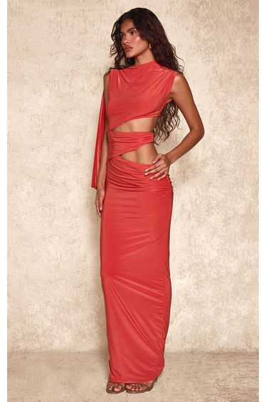 Orange Double Layer Slinky Cut Out Knot Detail Maxi Dress