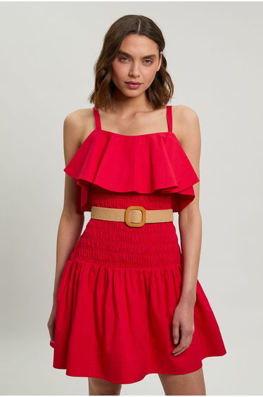Cotton Poplin Contrast Stitch Belted Mini Dress