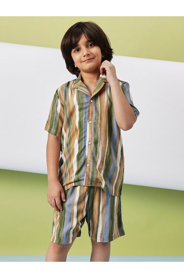 Striped Print Collar Neck Shirt and Shorts Set