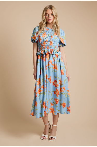Floral Shirred Bodice Frill Midi Dress