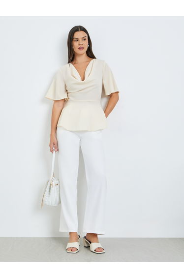 Beige Cowl Neck Ruffled Sleeve Top