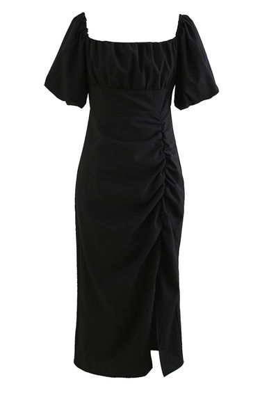 Self-Tie Bowknot Back Ruched Split Dress in Black