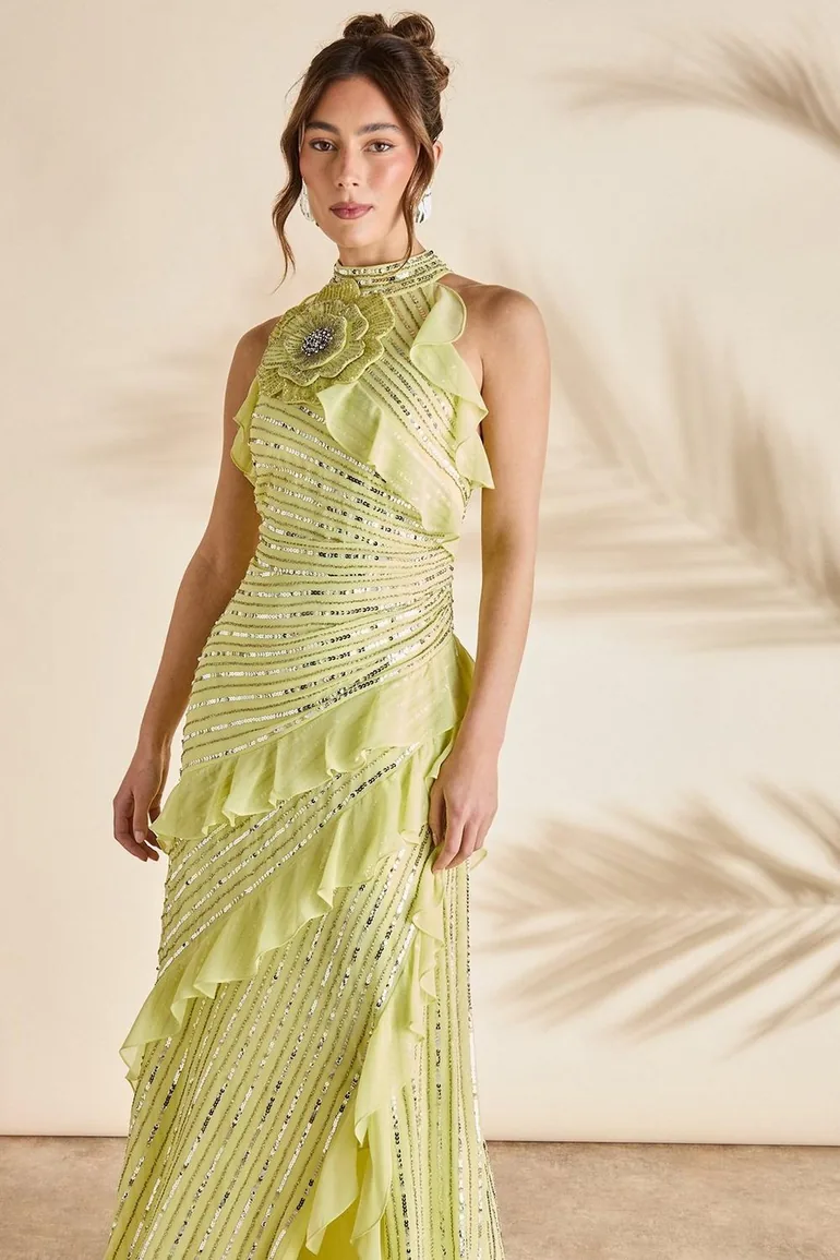 Embellished Corsage Sequin Frill Maxi Dress - 1