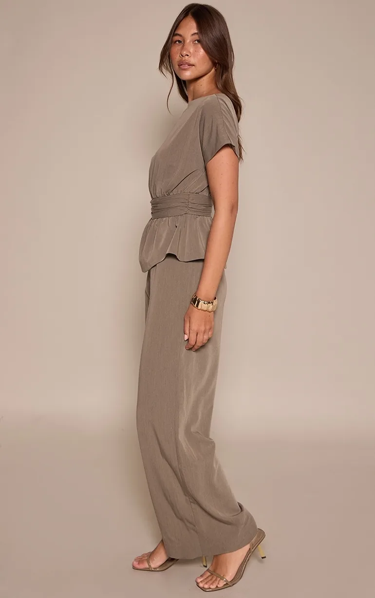 Khaki High Neck Peplum Jumpsuit - 2