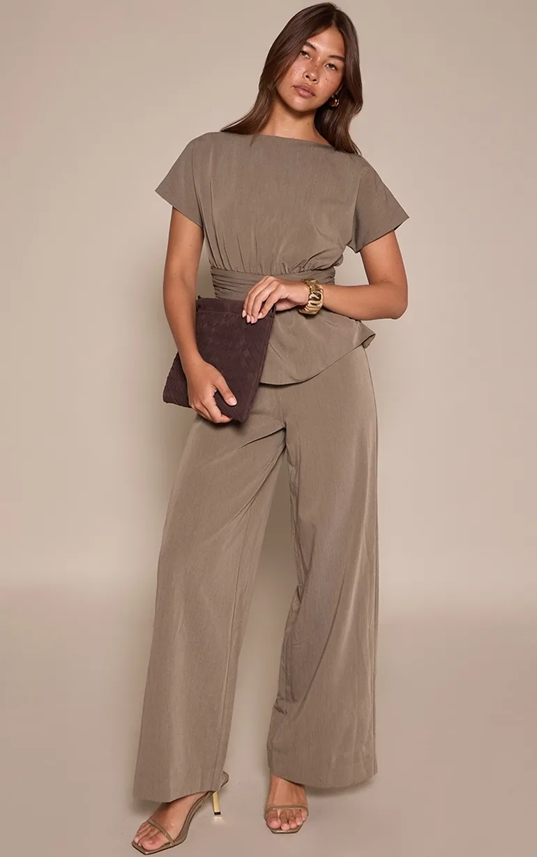 Khaki High Neck Peplum Jumpsuit