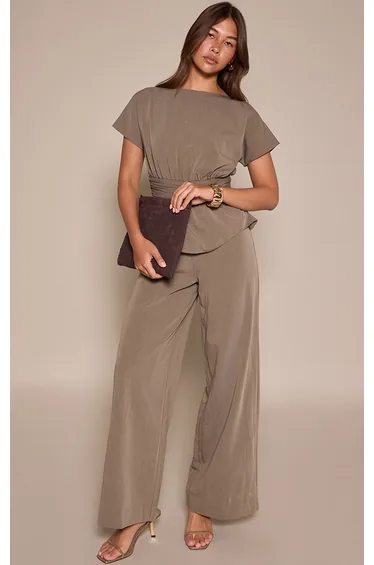 Khaki High Neck Peplum Jumpsuit