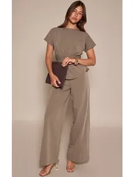 Khaki High Neck Peplum Jumpsuit