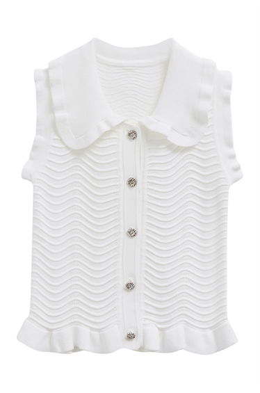Ruffle Edge Wavy Pointelle Knit Top in White