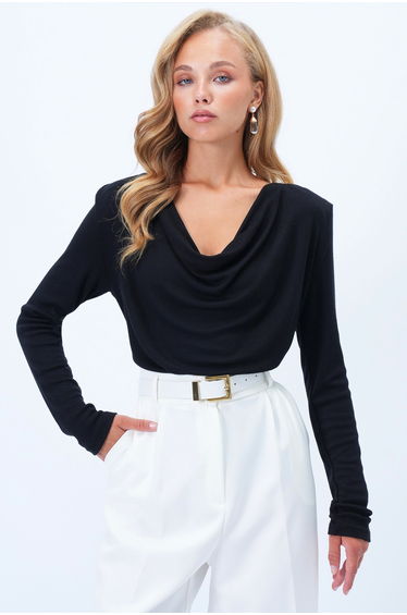 Women's Black Cowl Neck Draped Shoulders Basic Blouse