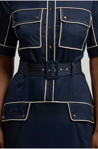 Cotton Sateen Button Detail Woven Midi Shirt Dress With Contrast Piping