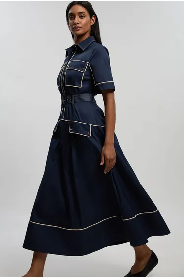 Cotton Sateen Button Detail Woven Midi Shirt Dress With Contrast Piping