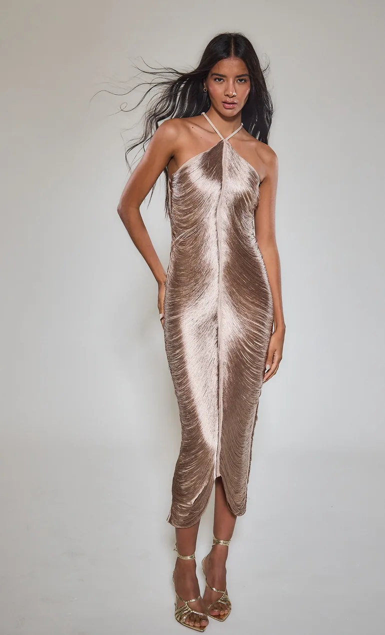 gold fringe detail halter maxi dress Fringe Halter Draped Satin Maxi Dress - Champagne