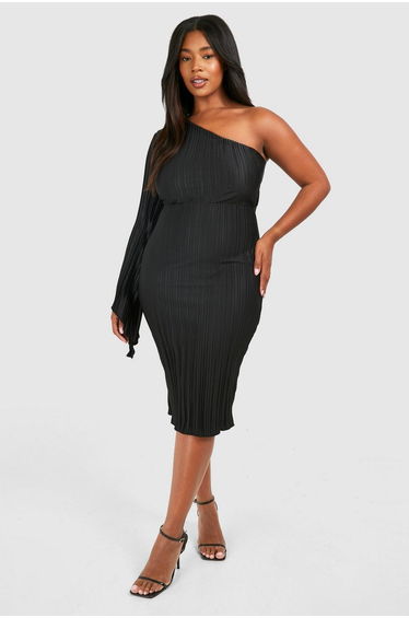 Plus Wide Plisse Cape Sleeve Detail Midi Dress - black
