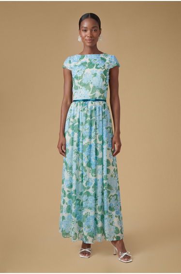 Cap Sleeve Hydrangea Mesh Maxi Dress