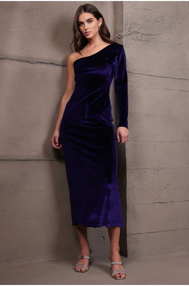 Women's Purple Single Sleeve Stone Strap Velvet Long Dress
