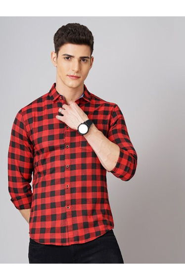 Men Red Checked Spread Collar Shirt