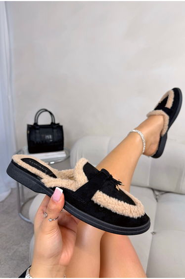 Lemonade Velvet Crush Teddy Trim Slip On Clog Mules Black